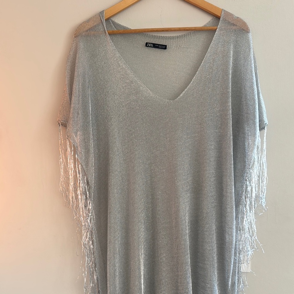 Zara Metallic Silver V-Neck Fringe Bathing Suit Cover Up
